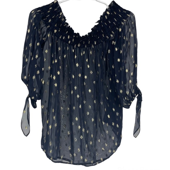 Beach Riot Tops - BEACH RIOT 100% SILK SHEER BLACK AND GOLD TIE SLEEVE BLOUSE SMALL